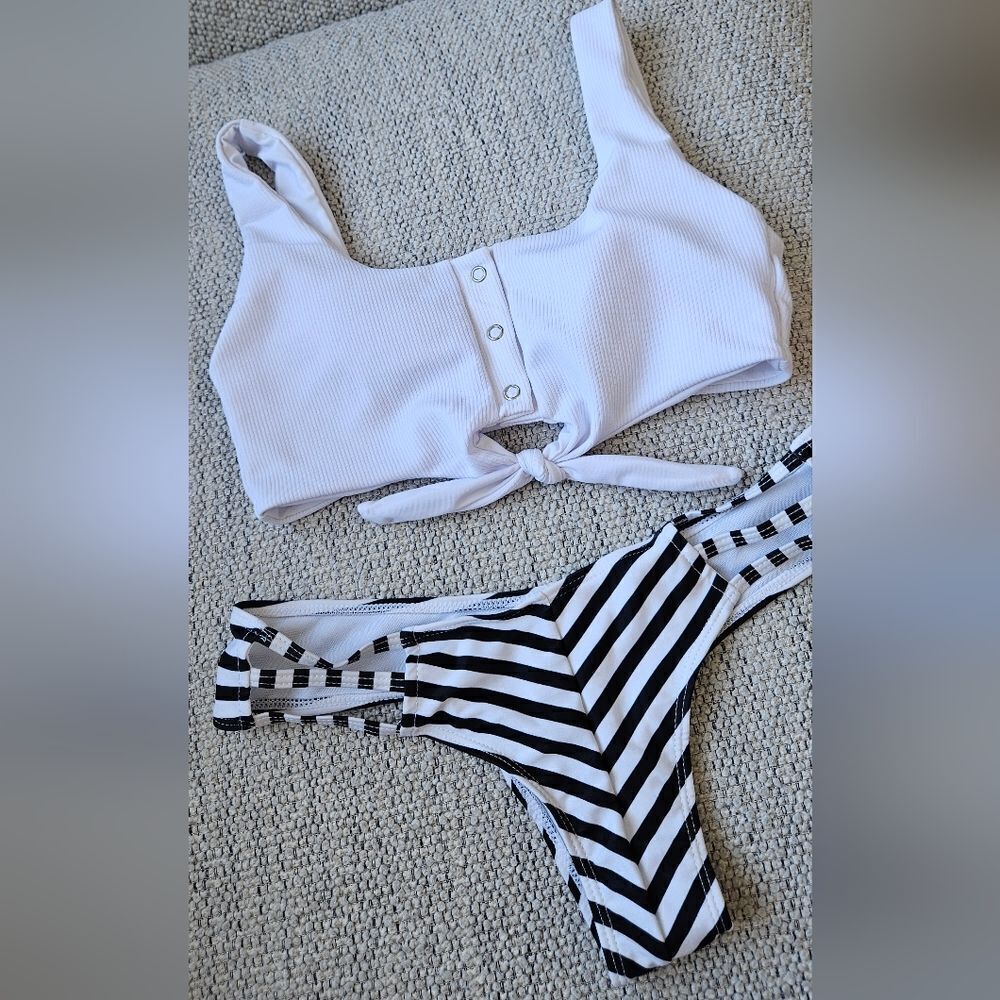 New White Crop Top and Black Striped Bikini Bottom
